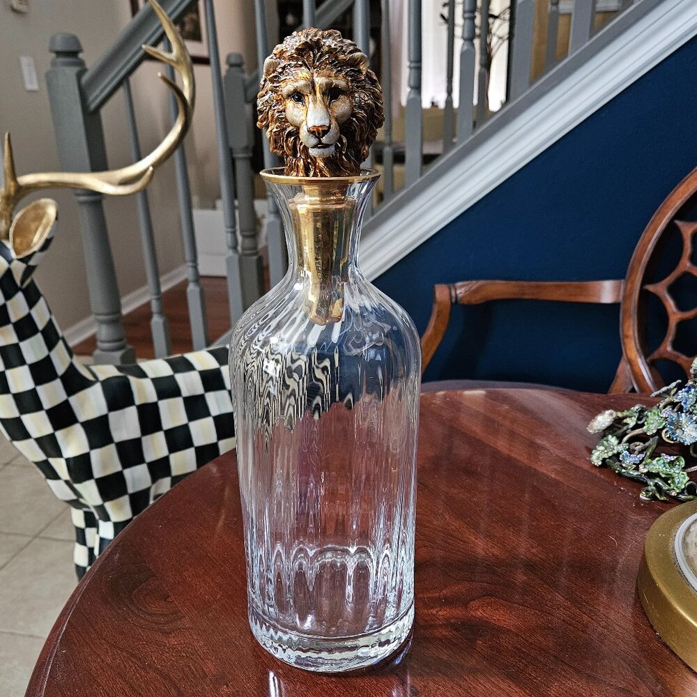 RARE JAY STRONGWATER LION JUNGLE CRYSTAL ENAMEL WINE BOTTLE DECANTER STOPPER
